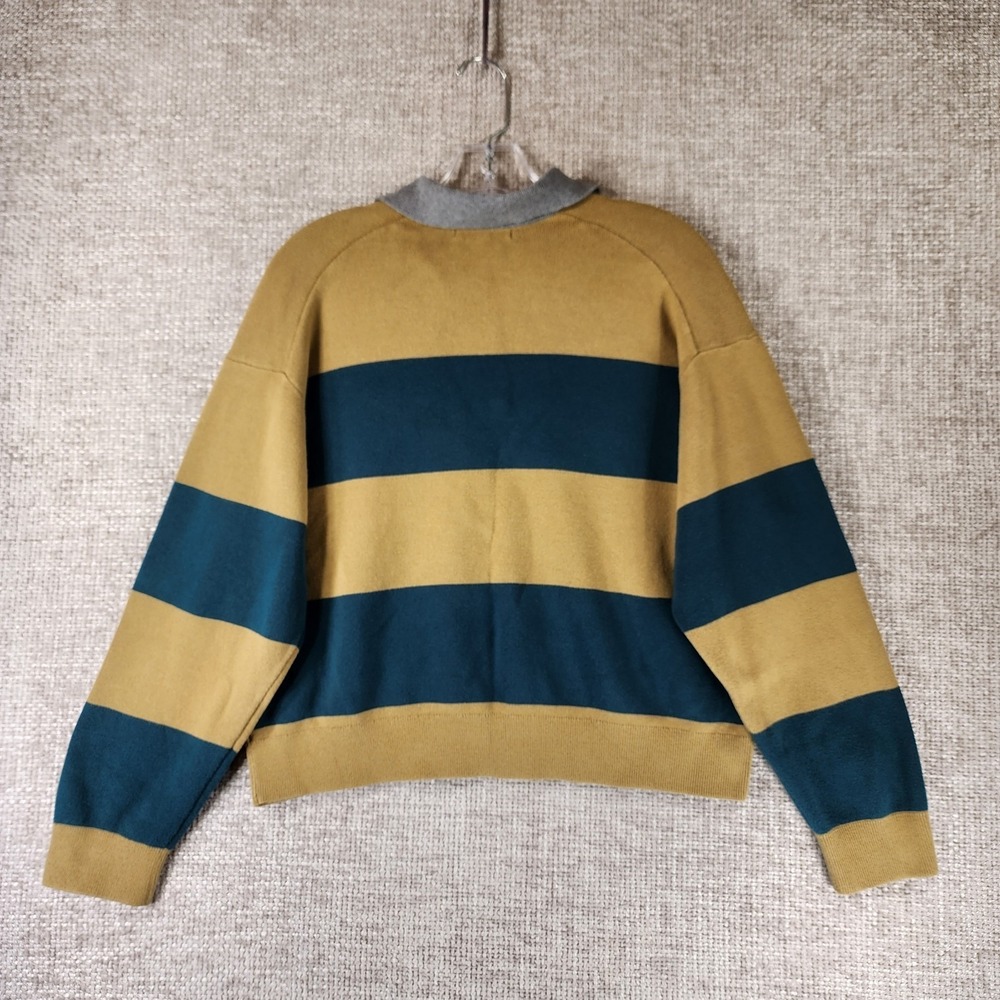 Uniqlo Smooth Cotton Relaxed Polo Sweater Womens M Gold Teal Stripe Crop Preppy - Picture 7 of 11